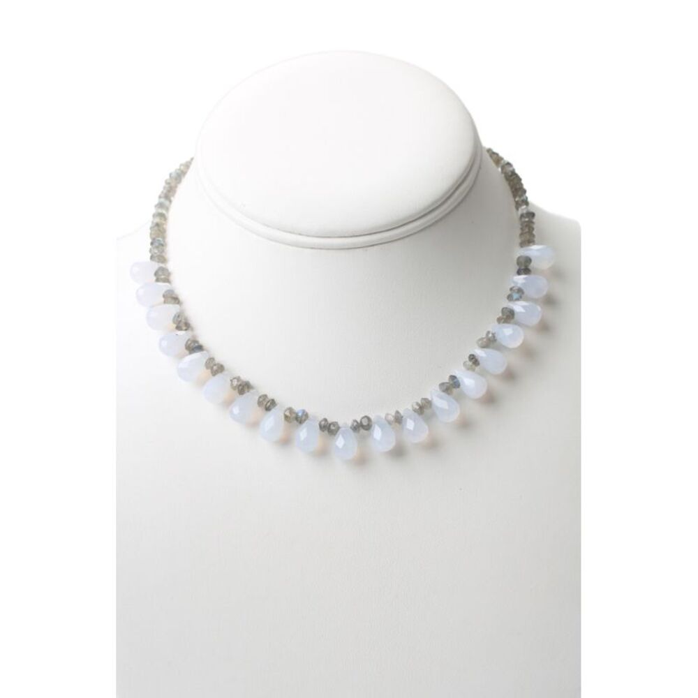 Designer Womens 925 Silver Chalcedony+Labradorite Fringe Necklace 14" 19g
